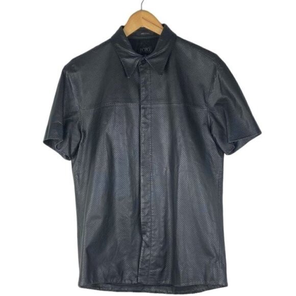 BCBG MAXAZRIA Vintage Black Leather Perforated Button Up Shirt US M - Picture 1 of 10